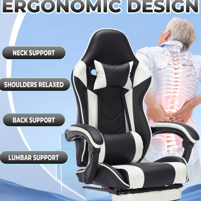 Fauteuil de jeu avec repose-pieds, ordinateur ergonomique et support lombaire, matériau respirant, jeu vidéo à hauteur réglable pour adultes en noir et blanc, avec coussin de massage, support rotatif rétractable sur 360 degrés