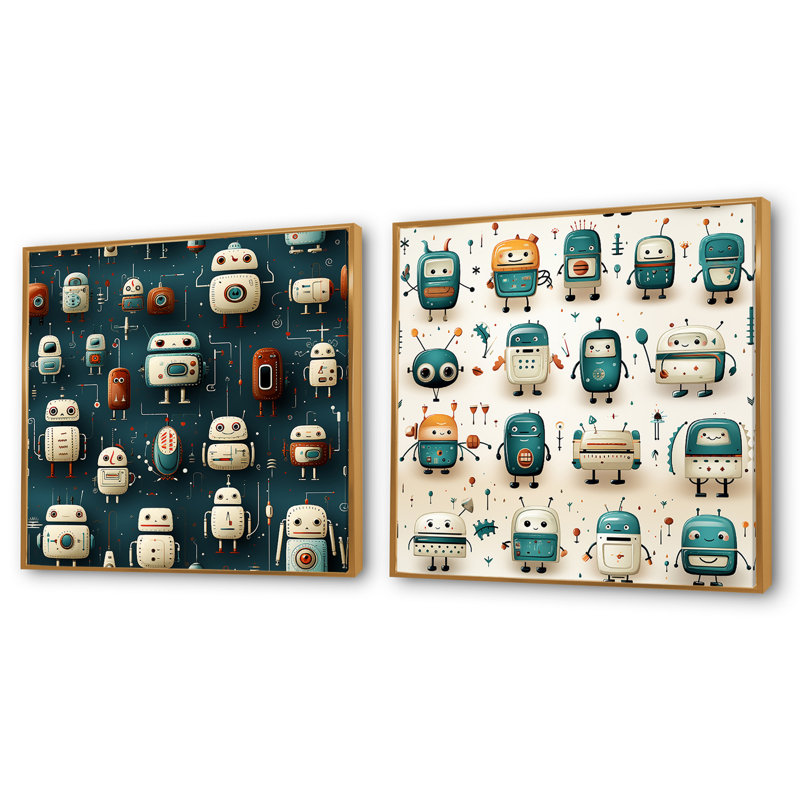 Robot Robot For Teens Betroom - Ensemble de 2 collages fantastiques, Cadre flottant doré, H 30 po x l 61 po