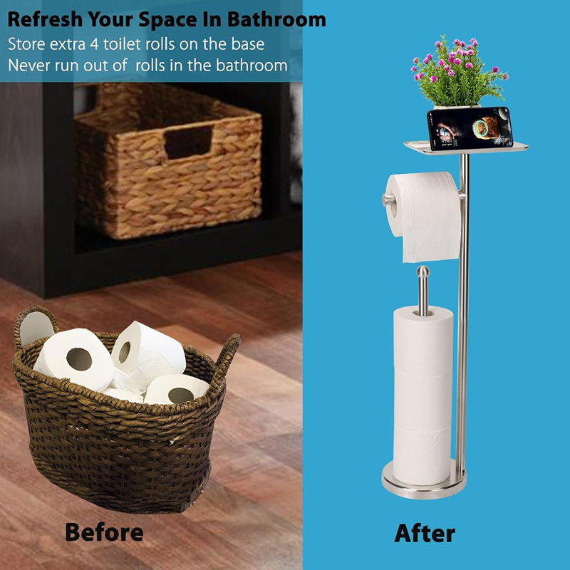 Porte-papier hygiénique sur pied avec tablette - support en nickel brossé avec plateau, rangement pour 4 rouleaux supplémentaires et petits articles