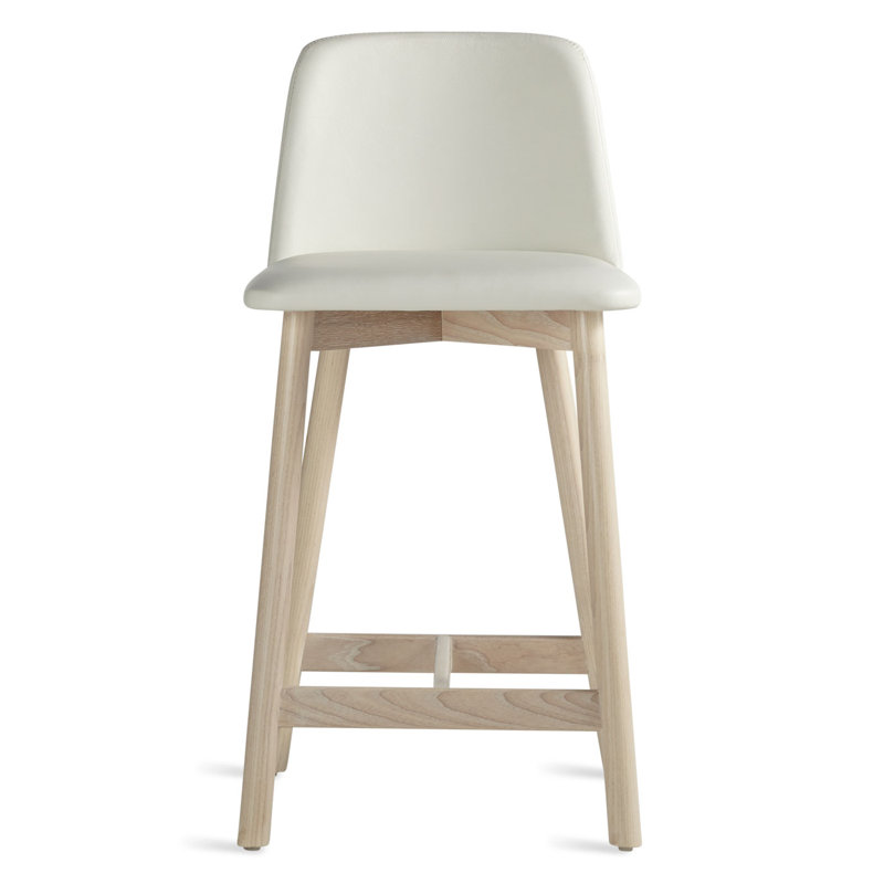Tabouret Chip, Tabouret de comptoir (siège d'une hauteur de 25,1, Cuir véritable blanc, Frêne blanc délavé
