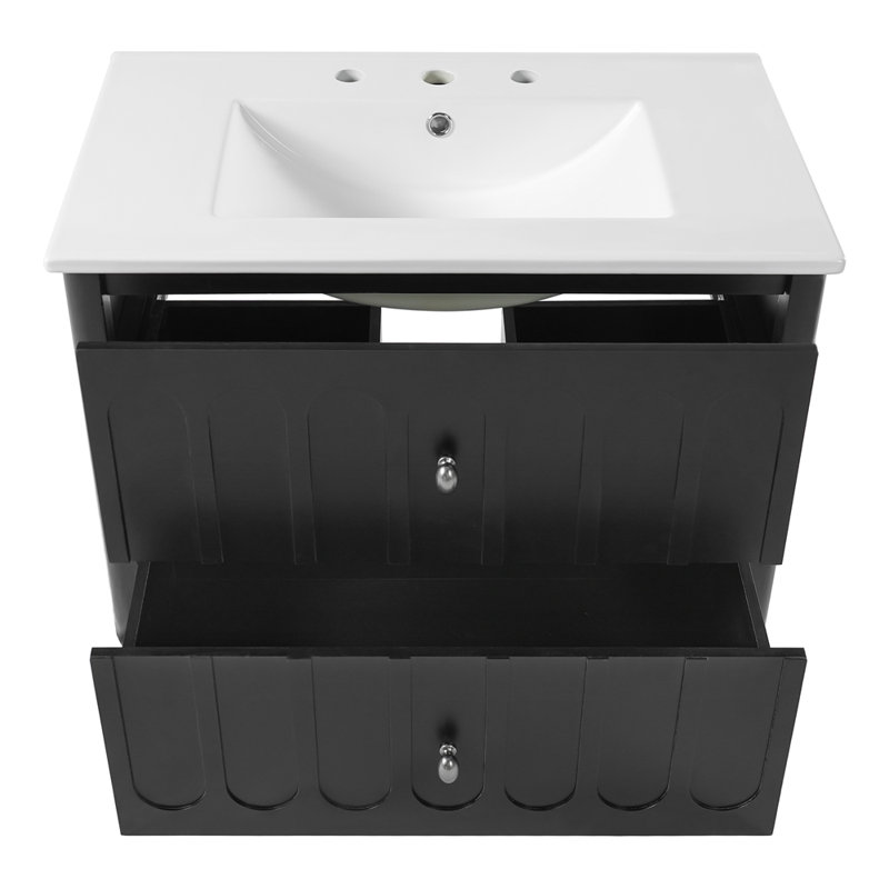 Meuble-lavabo flottant avec poignées ovales et bord arrondi, glissières de tiroir à fermeture en douceur, armoire de salle de bain avec lavabo en céramique