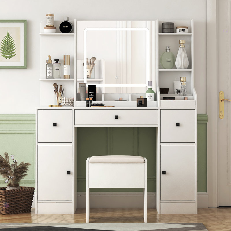 Bureau de coiffeuse avec miroir et lumières Table de maquillage avec tiroirs et armoire
