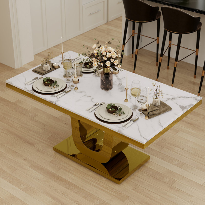Luxury 64 Inch Faux Marble Dining Room Table With Mirrored U Shaped Base, Gold