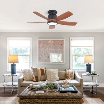 42 Inch Matte Black Ceiling Fan With LED Light And 6 Speed Remote Control Reversible DC Motor  For Bedroom Living Room
