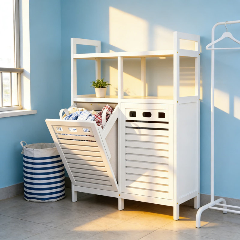 Armoire à panier à linge inclinable avec 2 paniers amovibles, organisateur de trieur de linge de 20 gallons avec tablette de rangement, fabrication en bambou massif pour la salle de bain ou la salle de lavage