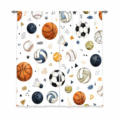 2Pcs Sports Balls Pattern Curtains, Watercolor Cute, Badminton Shuttlecock, Baseball, Basketball, Football, Volleyball, Bowling, Tennis, Room Decor, Living, Bedroom, Window Drapes