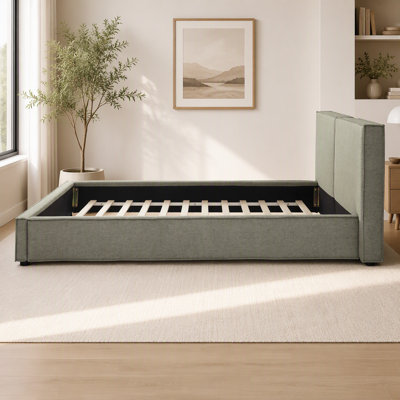 Cadre de lit plateforme capitonné moderne pour lit queen size, recouvert d'un revêtement en lin synthétique bicolore.