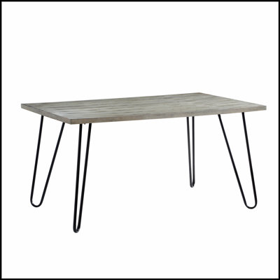 Table de salle à manger moderne et élégante avec plateau en bois gris clair et pieds en métal au fini noir, parfaite pour les espaces urbains et contemporains.