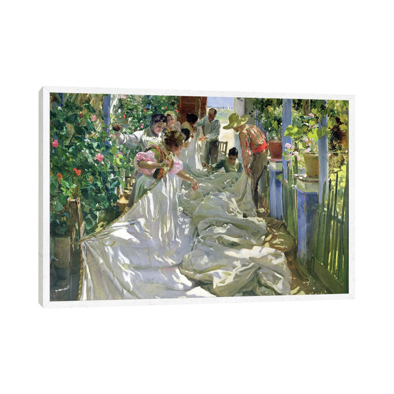 Mending The Sail, 1896 by Joaquin Sorolla Y Bastida - Painting on Canvas, 66.04cm H x 101.6cm W x 3.81cm D, White Framed
