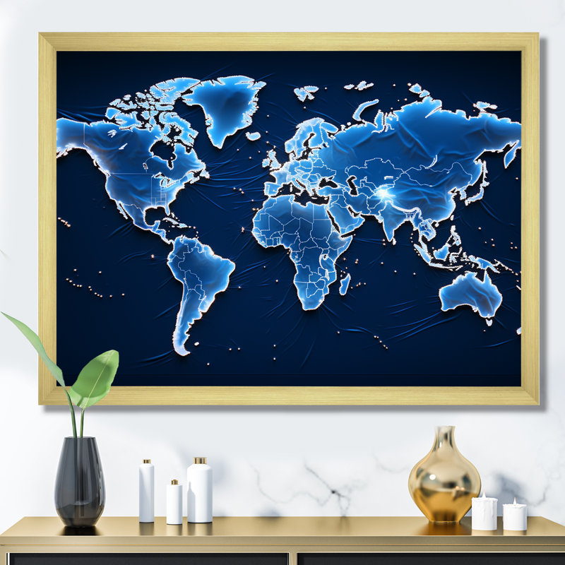 Méridiens majestueux - carte du monde murale, Cadre doré simple, H 12 po x l 20 po x P 1 po