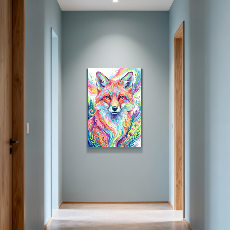Animaux, renard coloré avec fourrure arc-en-ciel et fond de forêt, H 20 po x l 30 po