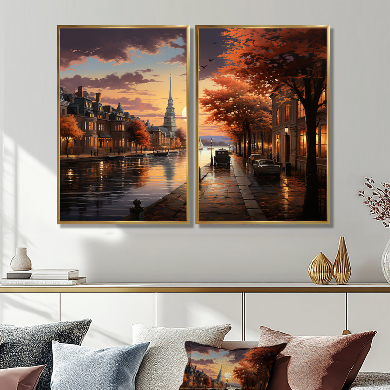 Étang à Boston souvenirs - art mural orange sur toile 2 panneaux, H 36 po x l 48 po, Impression encadrée flottante, Doré