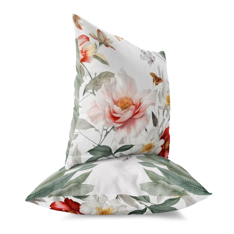 Coussin décoratif réversible Leafy Lepidoptera Medley, H 26 po x l 26 po, Blanc / Vert / Rouge