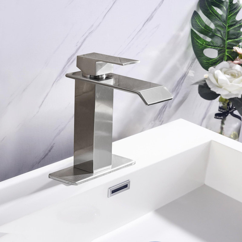 Single Handle Bathroom Vanity Sink Faucet with Waterfall Spout, Brushed Nickel