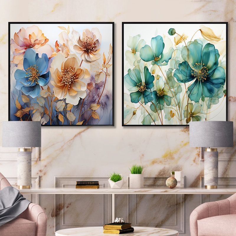Coral Petal Symphony - ensemble de 2 collages carrés botaniques abstraits, Cadre flottant noir, H 16 po x l 33 po
