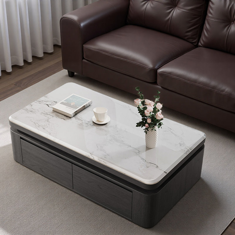 Table basse moderne en pierre micro-cristalline, H 19,7 po x l 51,2 po x P 27,6 po, Blanc, Gris