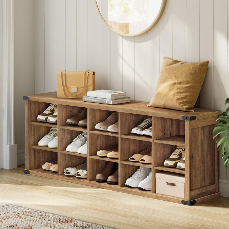 Sarana 15 Pair Shoe Storage Bench with Adjustable Shelves, Honey Brown