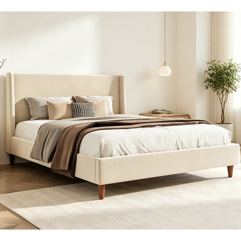 Modern Beige Velvet Upholstered Platform Bed with Wingback Headboard and  Wooden Legs, No Box Spring Needed, Queen Size