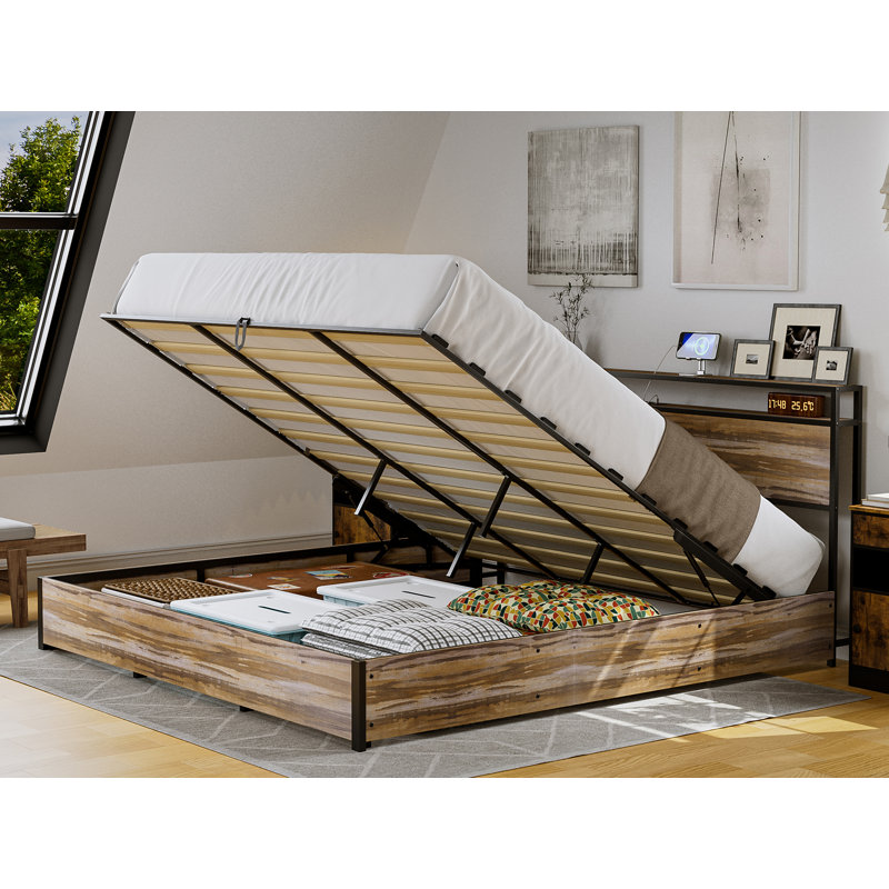 Lit coffre relevable 17 Stories, cadre de lit plateforme en métal avec tête de lit à 2 niveaux et station de recharge, lattes en bois massif, aucun sommier requis, montage facile, brun bois