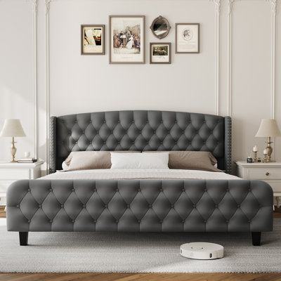 Structure de lit grand 51 po avec tête de lit à oreilles, tissu de velours gris, capitonné à boutons profonds, aucun sommier requis, assemblage facile, structure de lit plateforme tapissier