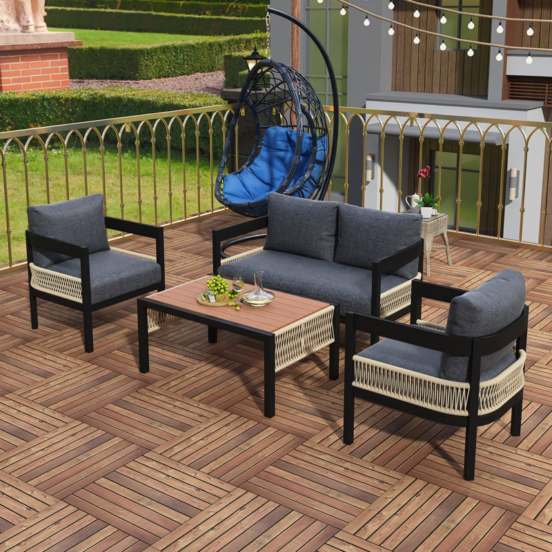 Multi-Person Outdoor Iron Sofa Set With A Table, Rattan Decoration, Waterproof, Rust-Proof, Gray