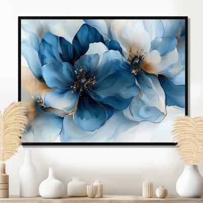 Velours blanc, bleu, chrysanthèmes, rivière à encre I - art mural Apple Blossom