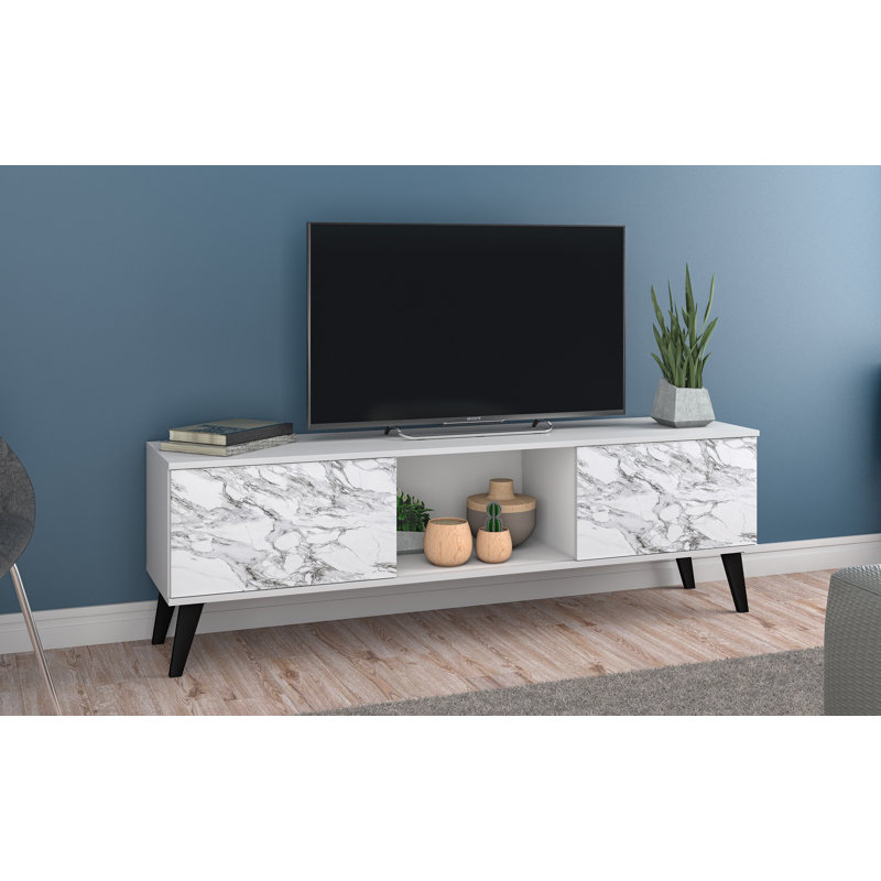 Doyers TV Stand for TVs up to 78", White and Marble Stamp