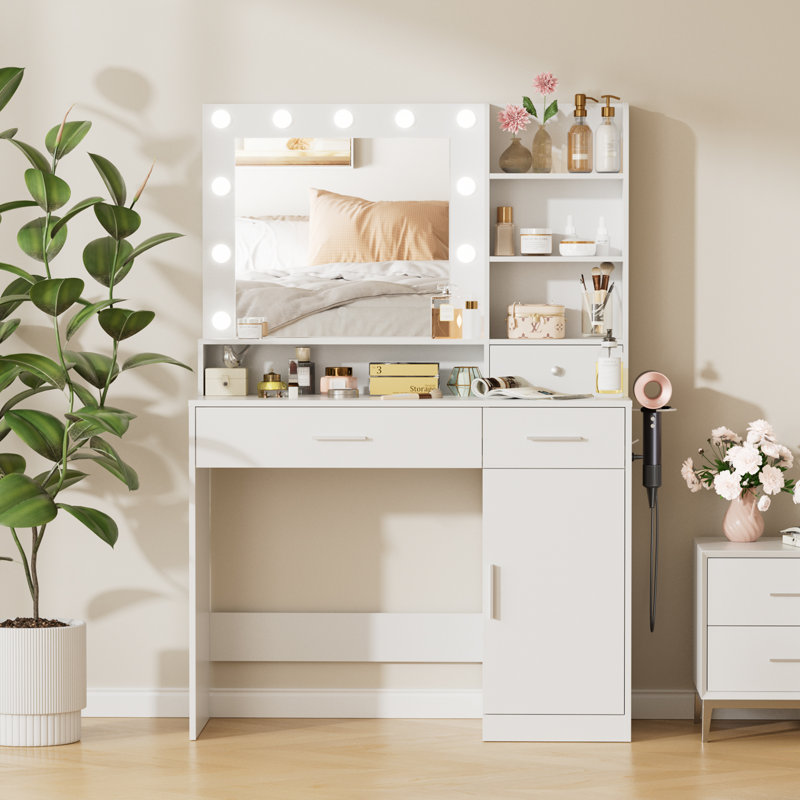 Coiffeuse de maquillage avec miroir lumineux et prise de courant Lumina, bureau de maquillage avec 3 tiroirs, 1 armoire