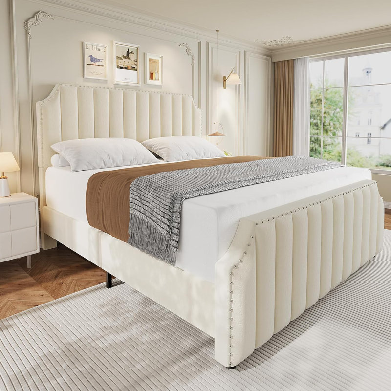 Axyl Velvet Bed Frame, 50.2" Tall Headboard & Footboard, Upholstered Platform Queen Bed Frame With Nailhead Trim, No Box Spring Needed, Noise Free, Solid Wooden Slats