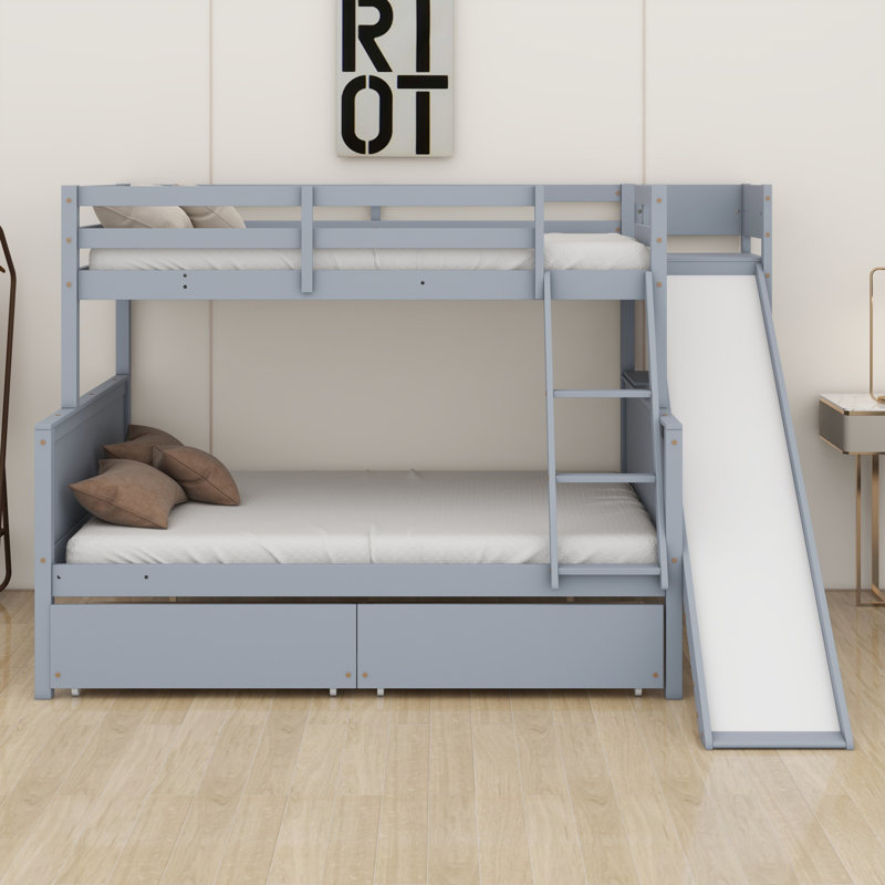 Lit superposé avec tiroirs, glissade, tablettes, échelle, gris