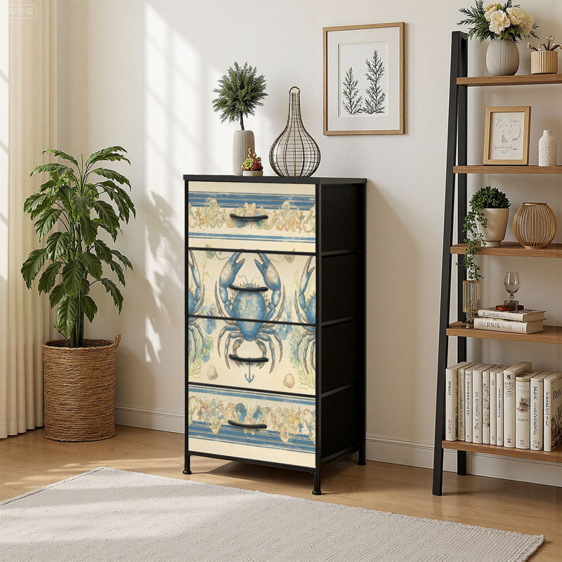 Commode de rangement verticale 4 tiroirs crabe bleu rétro avec tiroirs en bois