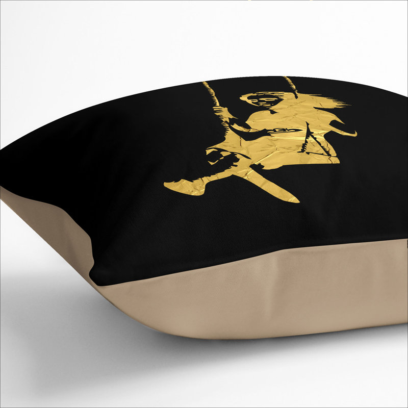 Banksy In Gold Girl On Swing Square Throw Cushion, Stone, 55cm H x 55cm W x 20cm D