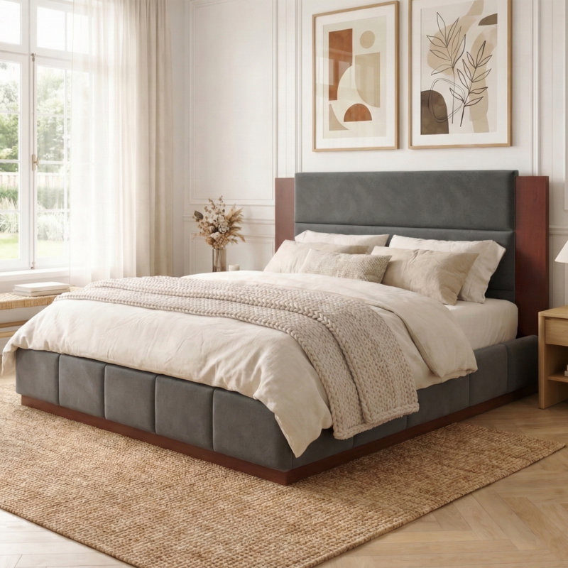 Lit plateforme tapissier avec tête de lit en bois allongée, support à lattes, Gris, Très grand