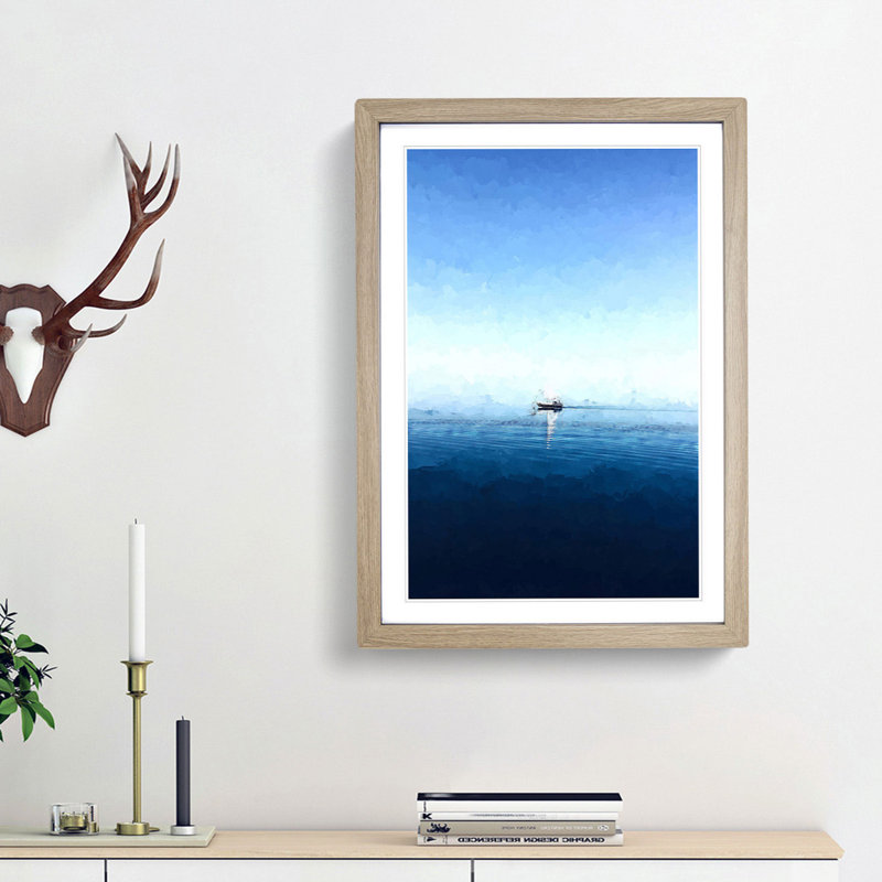 Solo Sailing Boat Across the Sea in Abstract - Framed Print, Oak Framed, 36cm H x 27cm W x 2cm D