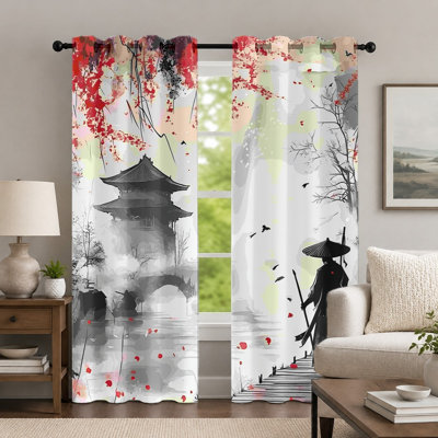 2 pièces de rideaux de style pavillon asiatique traditionnel de style zen, rideaux à motif de paysage oriental à l'encre de chine, habillage de fenêtre créatif à motif de guerre avec œillets pour le décor de la chambre à coucher