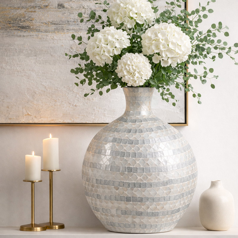 Vase de table mosaïque pour décoration intérieure - Grand vase décoratif pour tablettes et console - Décoration sculpturale élégante pour fleurs séchées - Bleu
