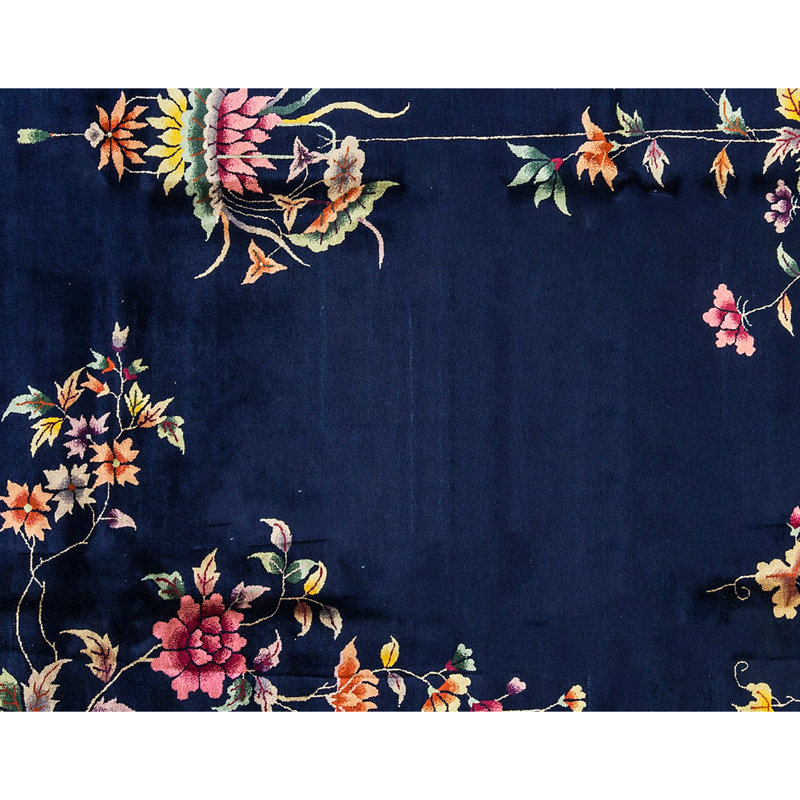 Tapis bleu marine et rose noué à la main de haute qualité