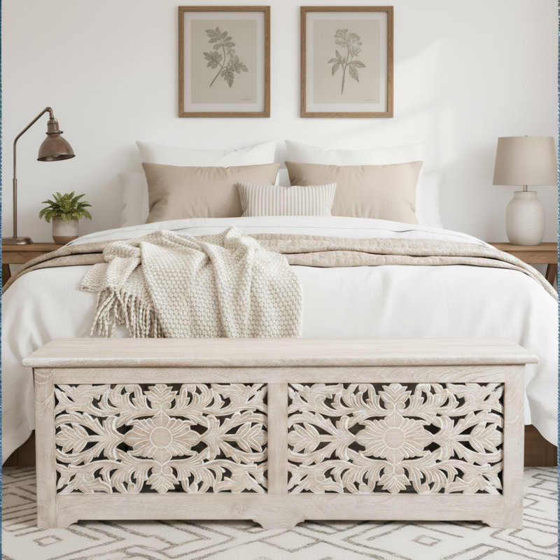 Banc de rangement en bois massif Harleen, Blanc