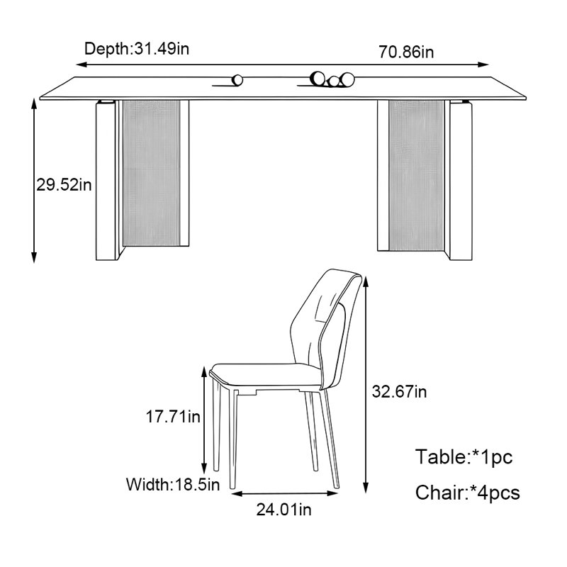 Ensemble de table de salle à manger style italien, H 29,52 po x L 70,86 po x l 31,49 po