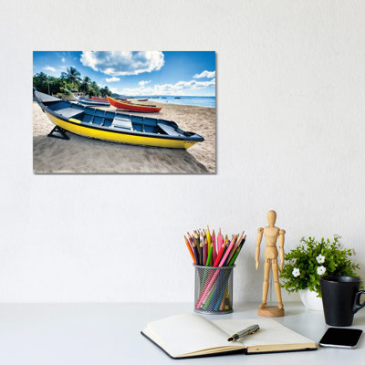 Row Of Traditional Small Fishing Boats On A Beach, Aguadilla, Puerto Rico by George Oze - Wrapped Canvas Painting
