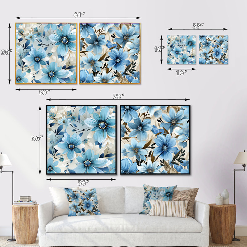 Eline - Ensemble de 2 collages carrés floraux, Cadre flottant blanc, H 36 po x l 73 po