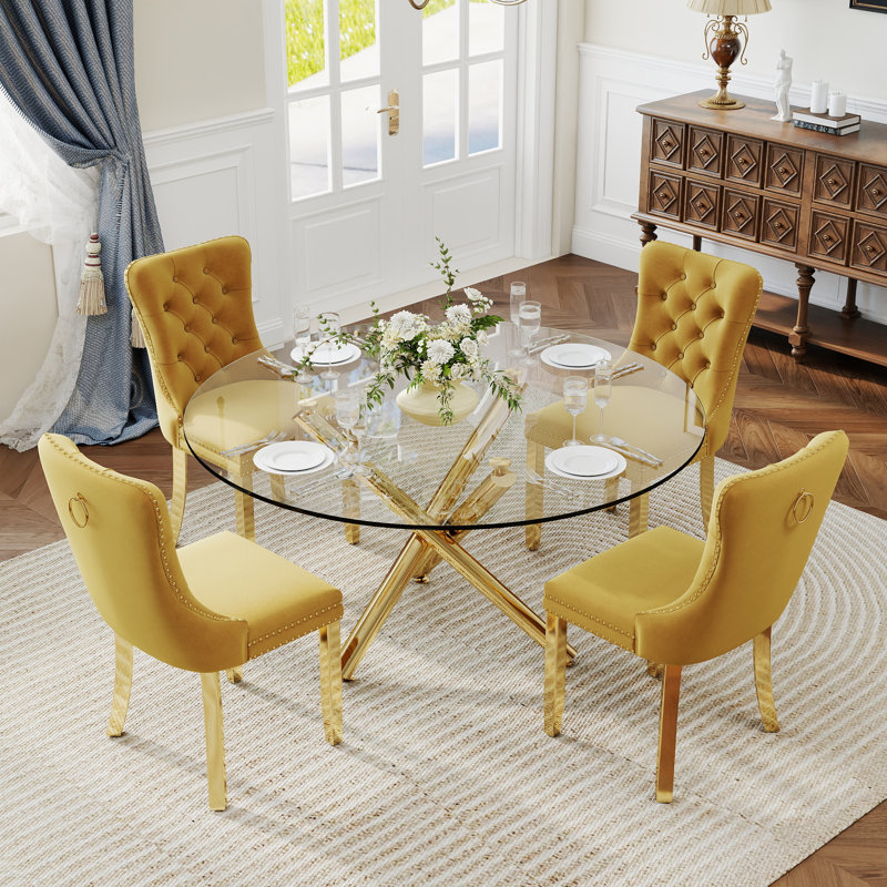 Ensemble de salle à manger à piédestal rond 5 pièces avec chaise capitonnée en velours pour salle à manger et salon, Jaune