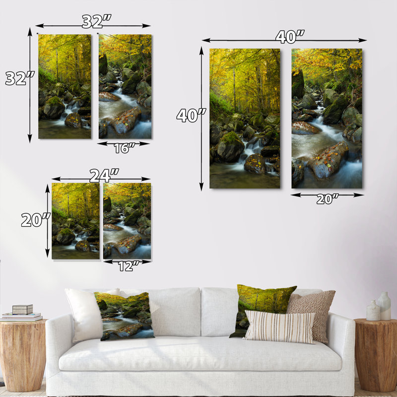«Beautiful Summer Forest Waterfall», ensemble de 2 peintures sur toiles, H 32 po x l 32 po x P 1 po, Toile tendue