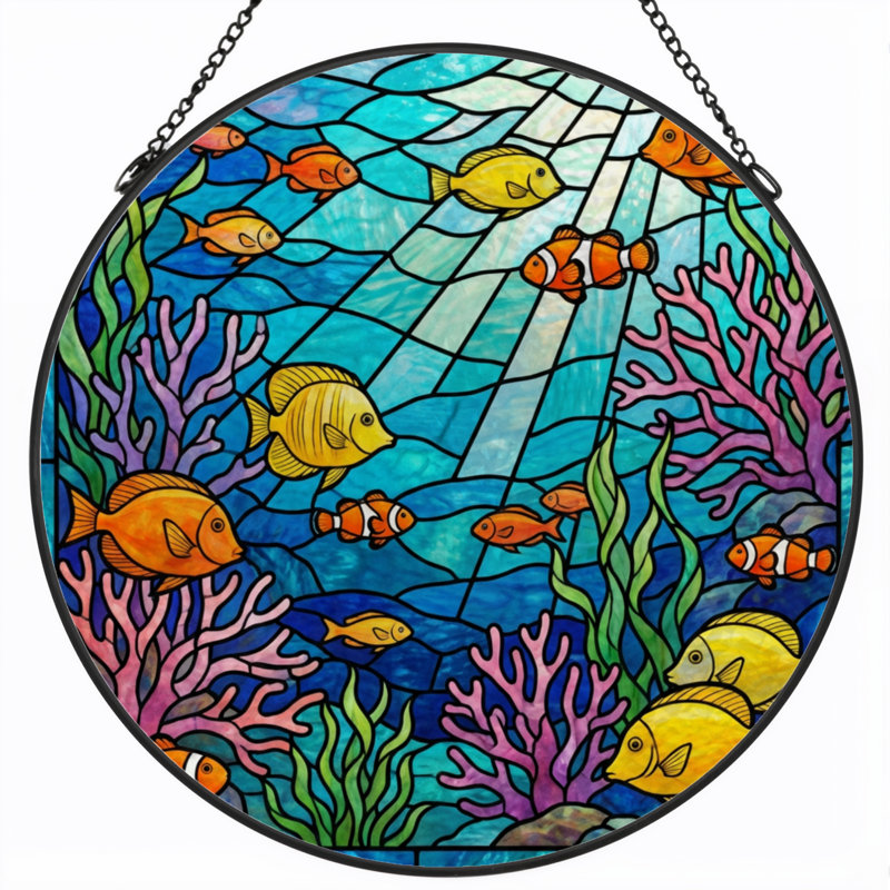 7.8"H Underwater Scene Stained Glass Window Panel, 7.8" H x 7.8" W