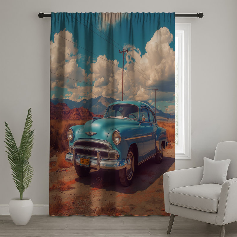 Rideaux de fenêtre de voiture rétro bleu, voilages et voilages autobloquants - 1 panneau, 50 po x 80 po - 1 panneau