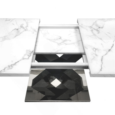Modern Extendable Rectangular Dining Table, Faux White Marble Top with MDF Black X-Shape Base