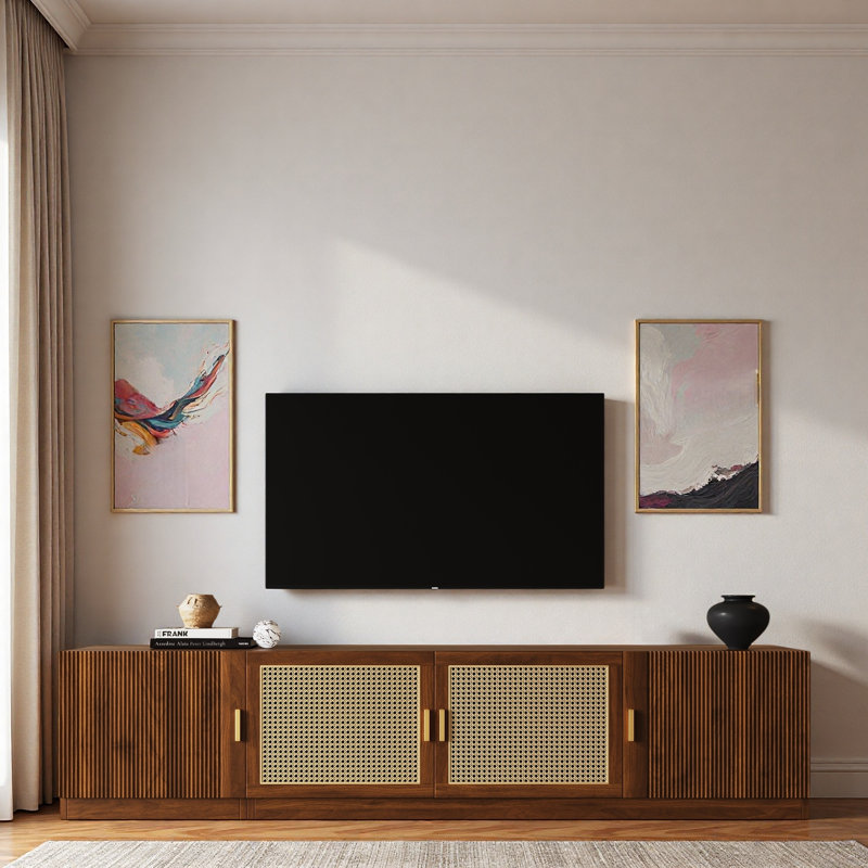 Retro Tv Stand With Rattan Doors And Adjustable Shelves