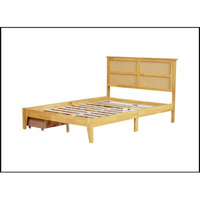 Tête de lit en rotin avec deux tiroirs de rangement, structure en bois d'hévéa durable et support amélioré