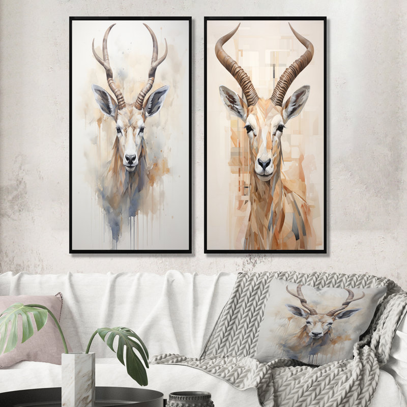 Minimalisme beige antilope bouquetin - ensemble d'art mural sur toile antilope de 2, Cadre noir, H 32 po x l 33 po