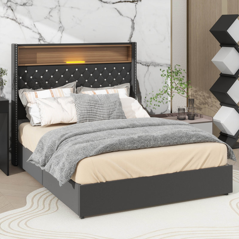 Structure de lit double capitonnée en velours pleine grandeur, équipée d'un port USB et d'une veilleuse, lit plateforme à oreilles avec tablette de tête de lit intégrée